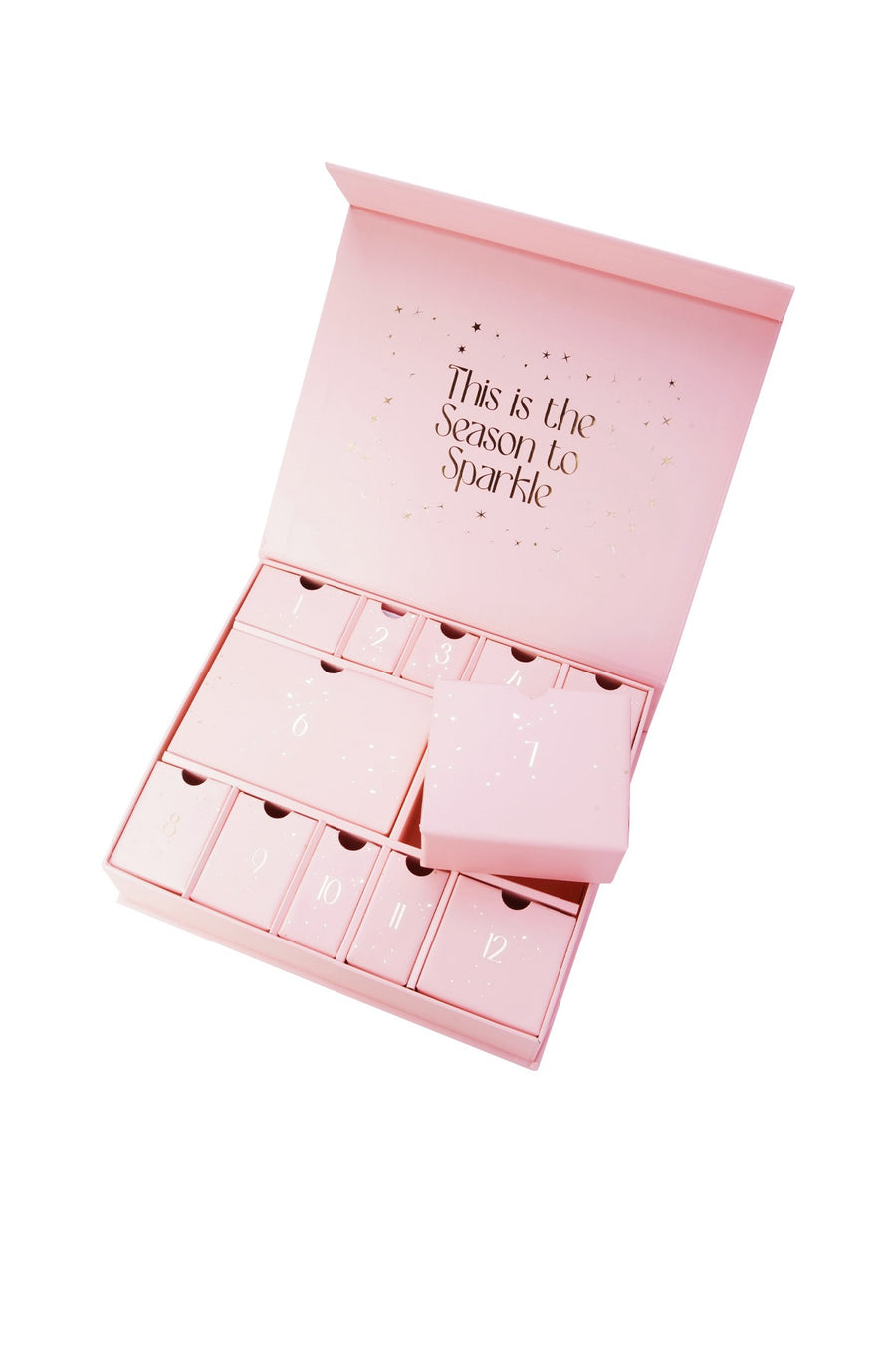 Adventskalender Schmuck Gold – edle Geschenkbox in Rosa mit goldener Aufschrift Christmas Countdown