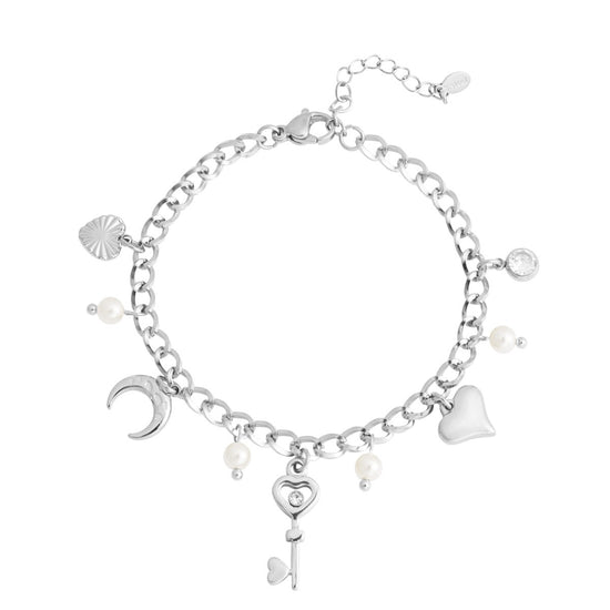 Silbernes Charm-Armband mit Herz, Mond, Schlüssel und Perlen-Anhängern