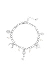 Silbernes Charm-Armband mit Herz, Mond, Schlüssel und Perlen-Anhängern