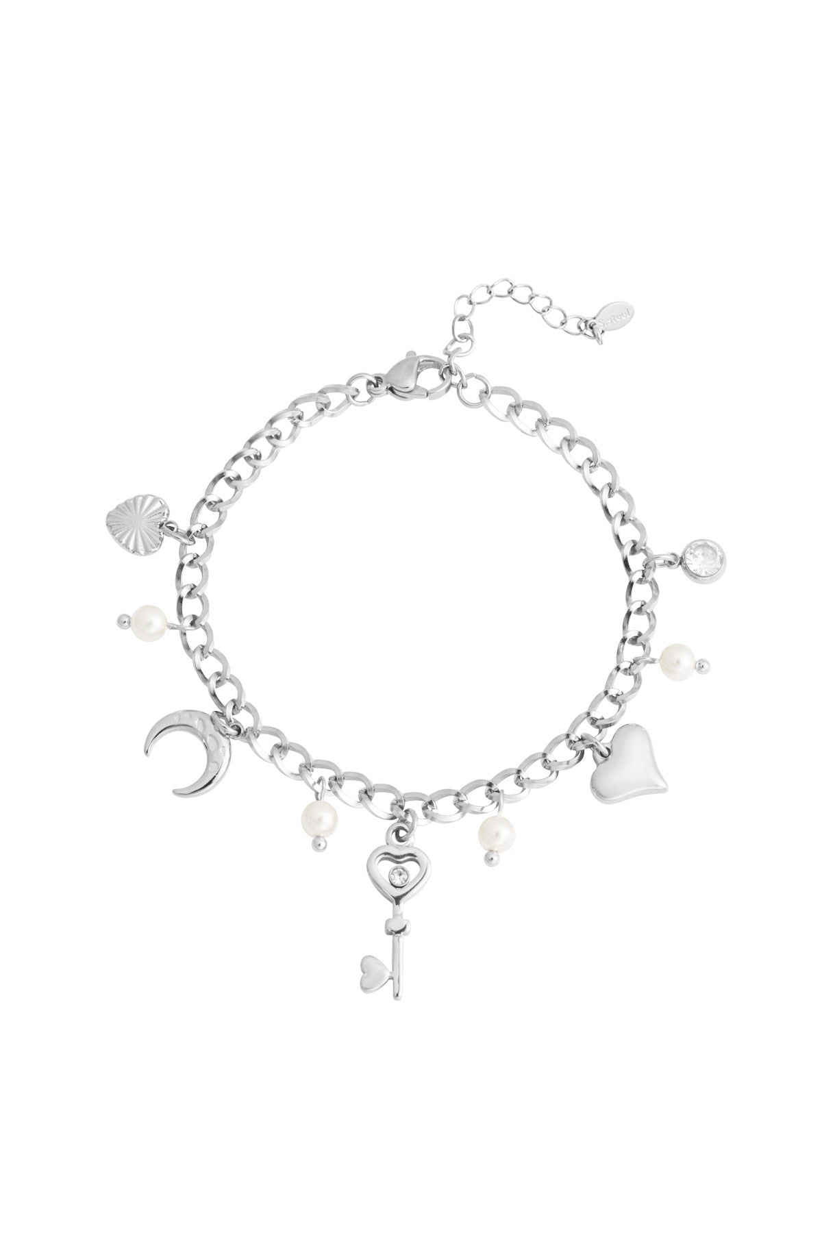 Silbernes Charm-Armband mit Herz, Mond, Schlüssel und Perlen-Anhängern