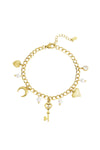 Goldenes Charm-Armband mit Herz, Mond, Schlüssel und Perlen-Anhängern