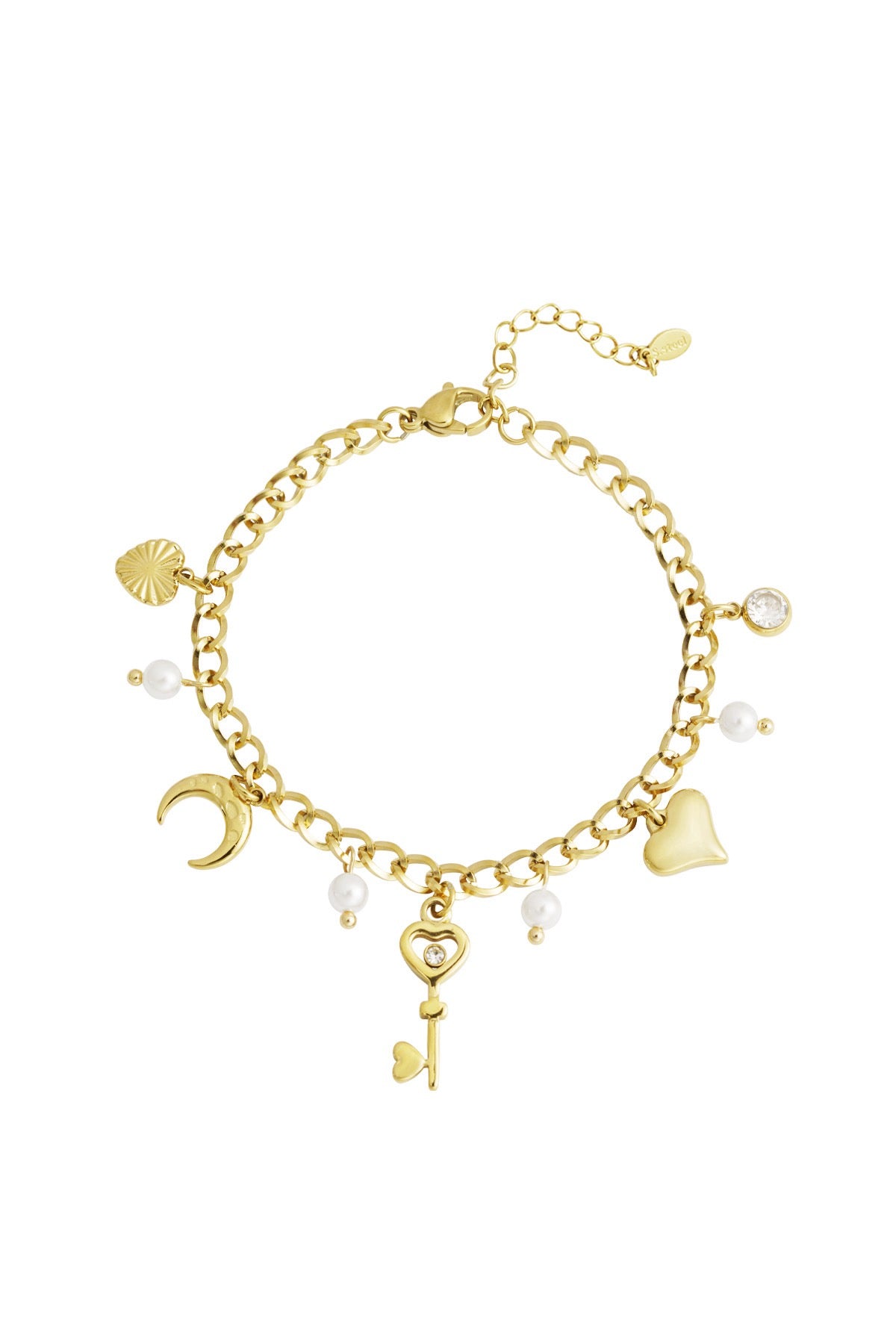 Goldenes Charm-Armband mit Herz, Mond, Schlüssel und Perlen-Anhängern