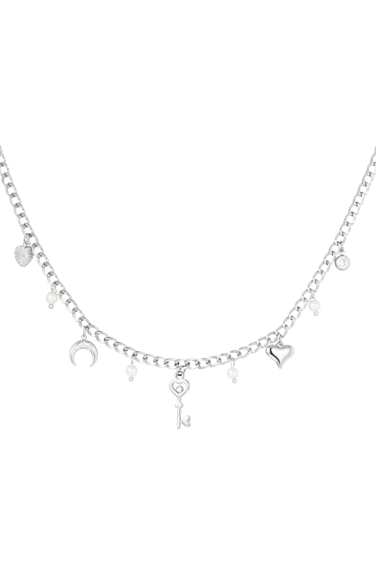 Silberne Charm-Halskette mit Herz, Mond, Schlüssel und Perlen-Anhängern