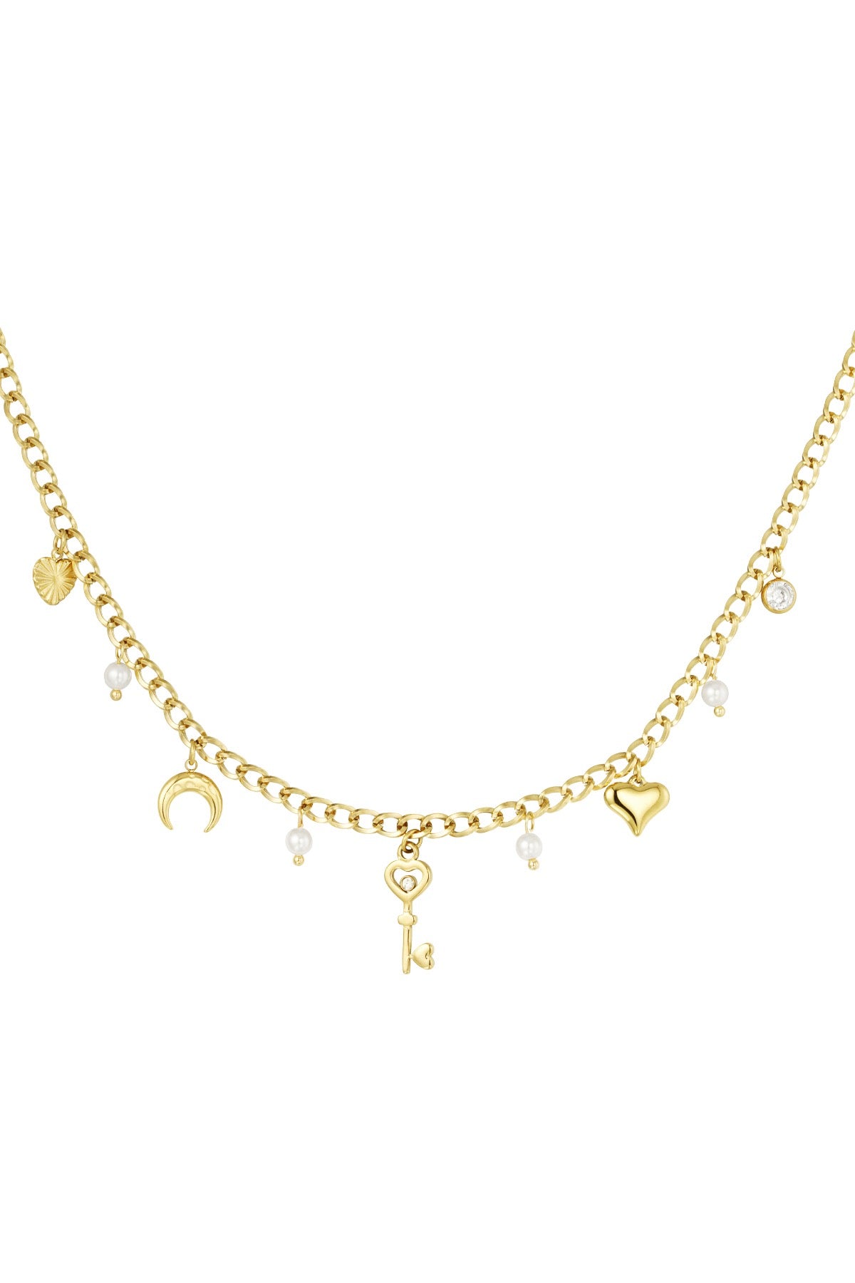 Goldene Charm-Halskette mit Herz, Mond, Schlüssel und Perlen-Anhängern