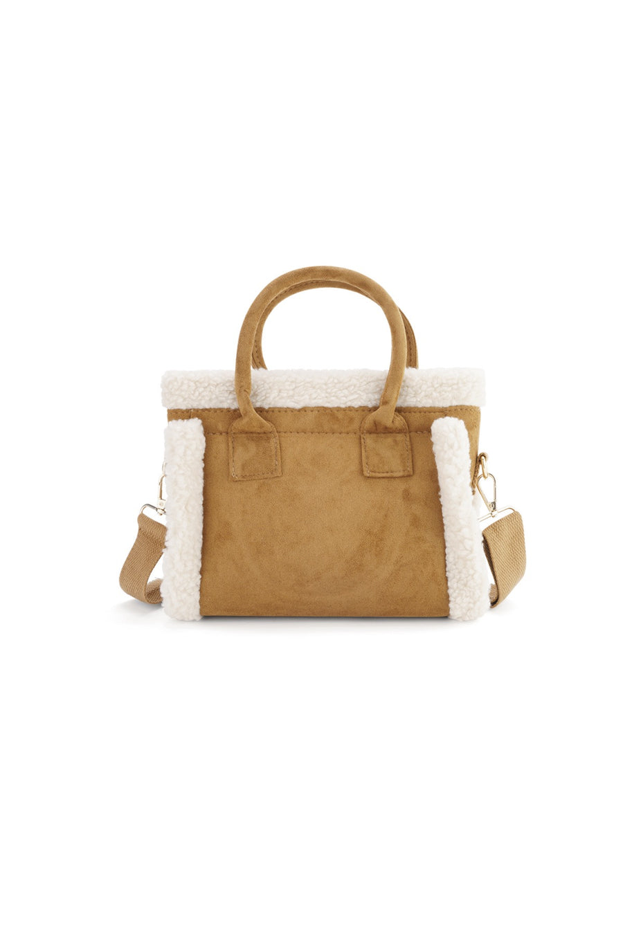 Camel Teddy Bag mit weißen Teddy-Details, Vorderansicht.