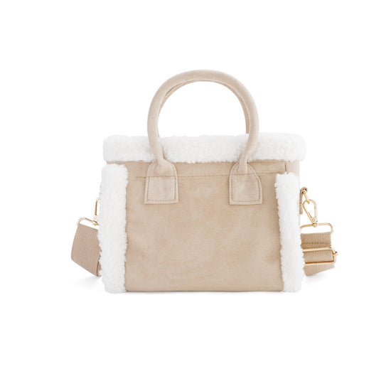 Beige Teddy Bag mit weißen Teddy-Details, Vorderansicht.