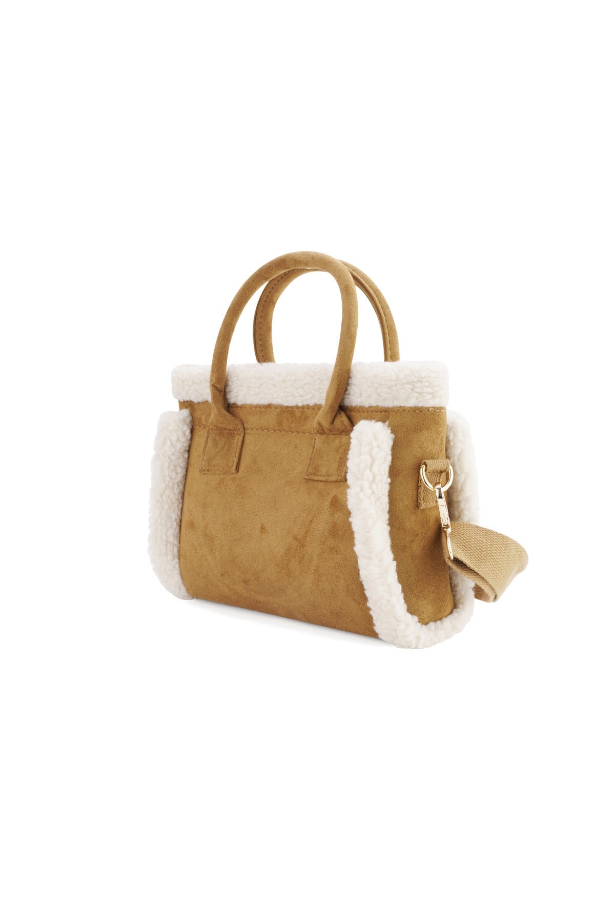 Camel Teddy Bag seitliche Ansicht mit Schulterriemen.