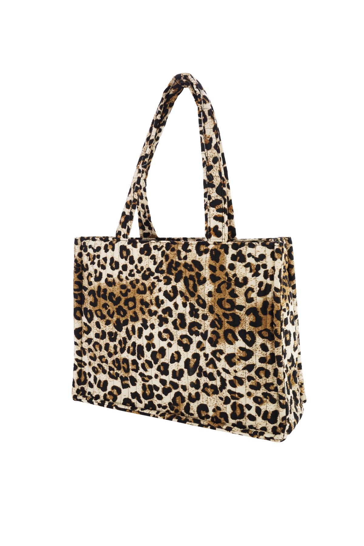 Leopard Shopper Bag seitlich fotografiert, Leo-Print.