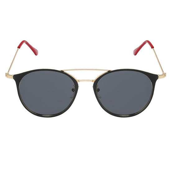 Schwarz goldene Sonnenbrille mit schwarzen Brillengläsern und roten Enden.