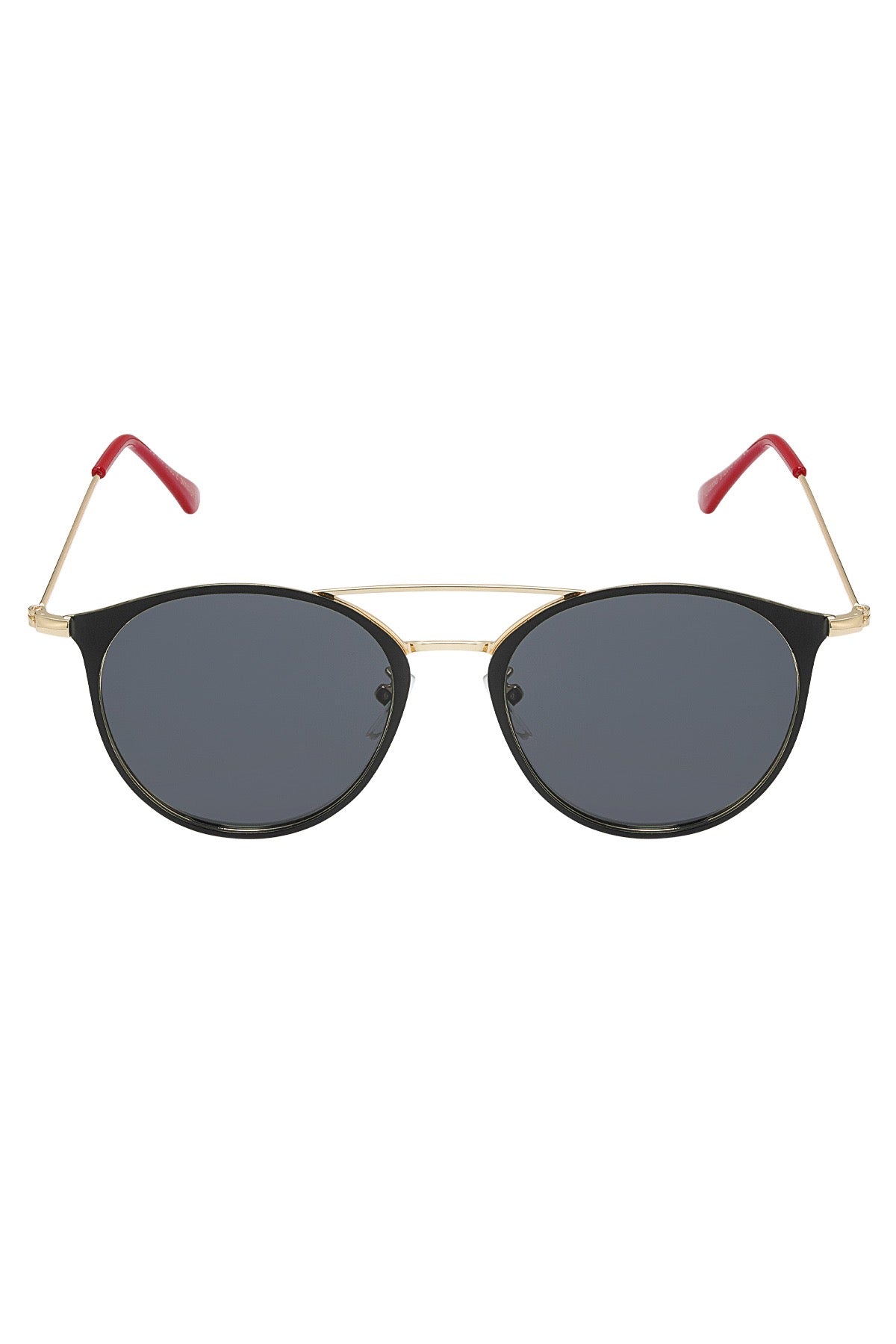Schwarz goldene Sonnenbrille mit schwarzen Brillengläsern und roten Enden.