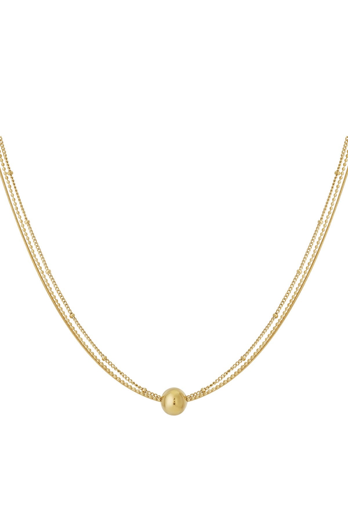 Dreireihige vergoldete Edelstahlkette mit Kugelanhänger auf weißem Hintergrund.
