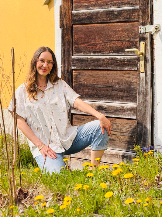 kurzarm Bluse gestreift Blumenstickerei