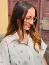 kurzarm Bluse gestreift Blumenstickerei