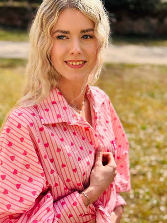 Langarmbluse Puffärmel Rosa Pink gestreift mit Herzen