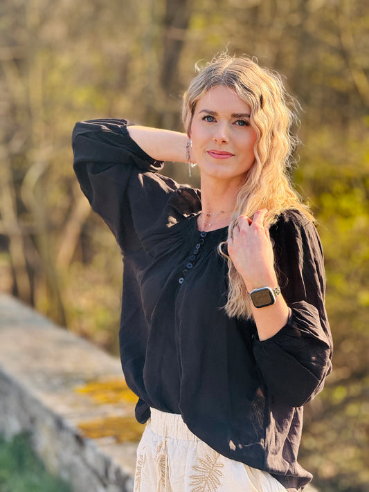 Boho Bluse Langarm Knopfleiste