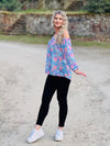 leichte offshoulder Bluse Blumen Blau Lila Rosa 3/4 Arm