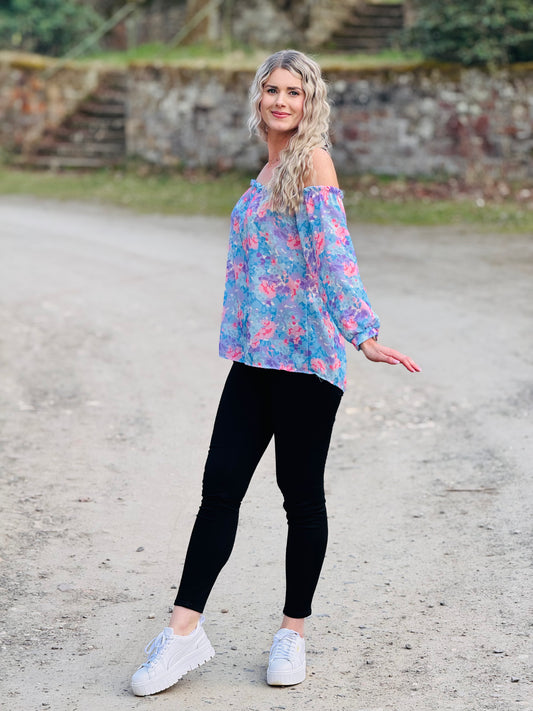 leichte offshoulder Bluse Blumen Blau Lila Rosa 3/4 Arm
