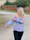 leichte offshoulder Bluse Blumen Blau Lila Rosa 3/4 Arm