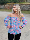 leichte offshoulder Bluse Blumen Blau Lila Rosa 3/4 Arm