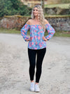 leichte offshoulder Bluse Blumen Blau Lila Rosa 3/4 Arm