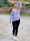 leichte offshoulder Bluse Blumen Blau Lila Rosa 3/4 Arm