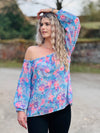 leichte offshoulder Bluse Blumen Blau Lila Rosa 3/4 Arm