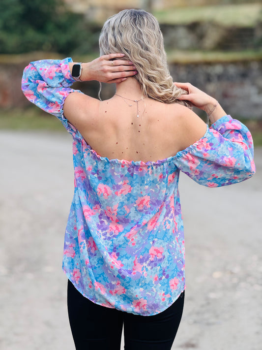 leichte offshoulder Bluse Blumen Blau Lila Rosa 3/4 Arm