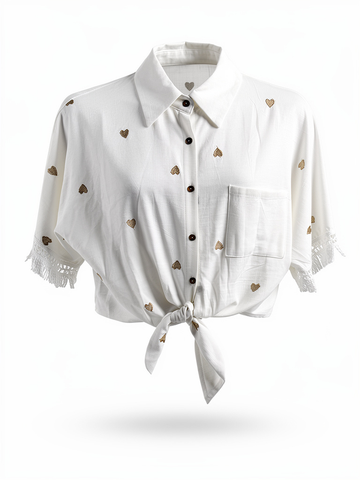 Kurzarm Bluse offwhite goldnene Herzen Knoten Spitze | useful Beauty