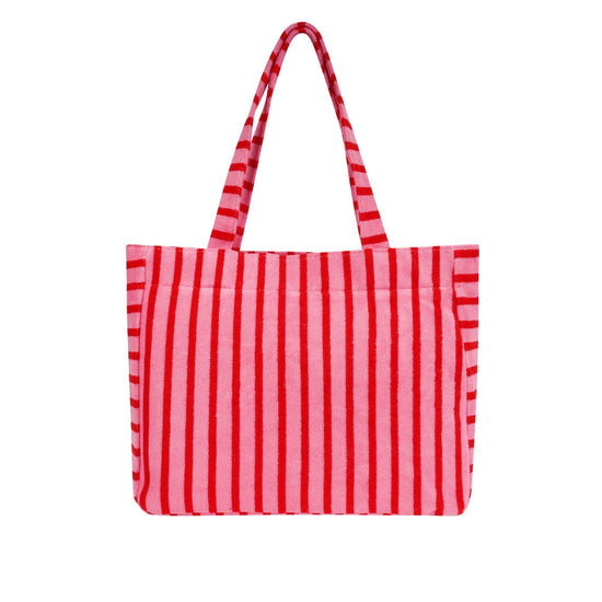 Großer Frottee Shopper in Pink mit roten Streifen, Frontansicht