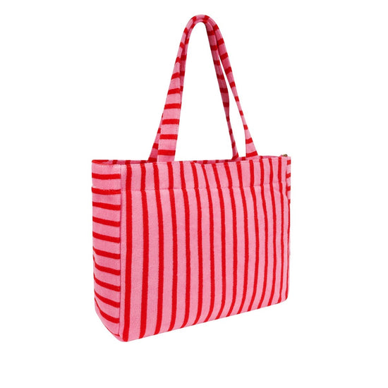 Gestreifter Frottee Shopper in Pink und Rot mit langen Schulterhenkeln, Seitenansicht