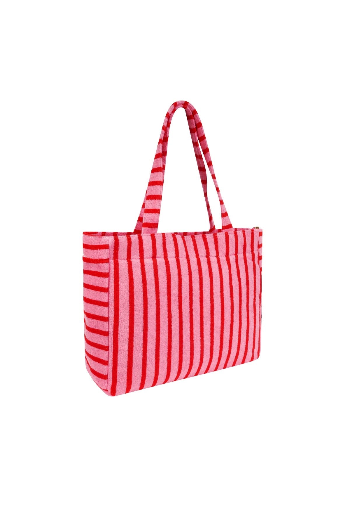 Gestreifter Frottee Shopper in Pink und Rot mit langen Schulterhenkeln, Seitenansicht