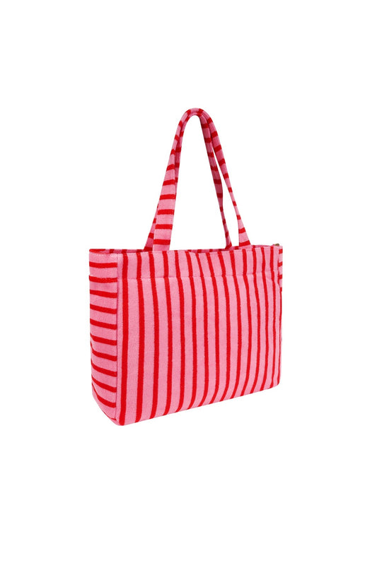 Gestreifter Frottee Shopper in Pink und Rot mit langen Schulterhenkeln, Seitenansicht