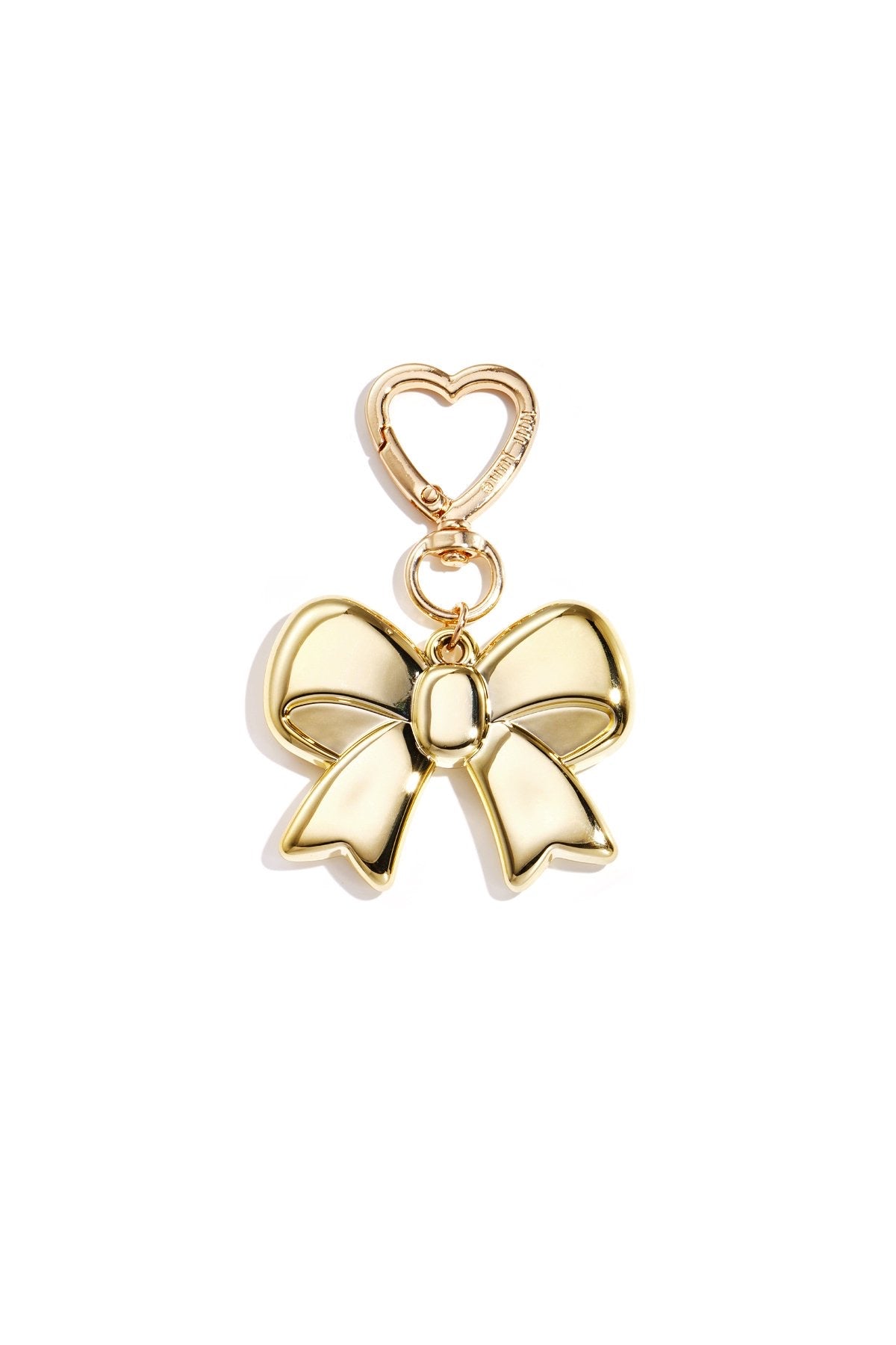 Goldfarbener Schleifen Taschenanhänger mit herzförmigem Karabiner, freigestellt