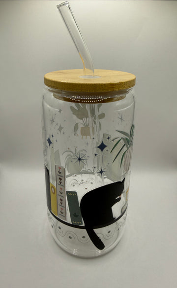 Glasbecher Katze Bücherregal Bambussdeckel Glasstrohhalm 470ml | useful Beauty