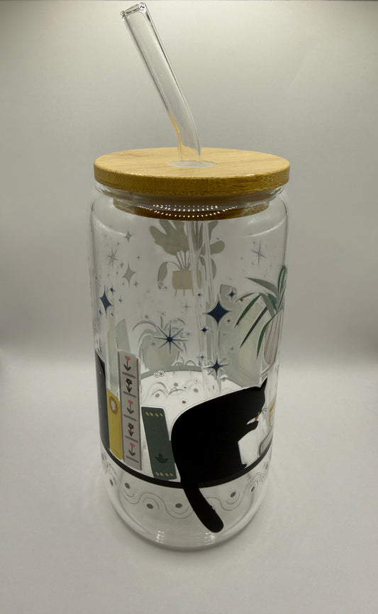 Glasbecher Katze Bücherregal Bambussdeckel Glasstrohhalm 470ml | useful Beauty
