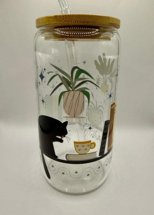 Glasbecher Katze Bücherregal Bambussdeckel Glasstrohhalm 470ml | useful Beauty