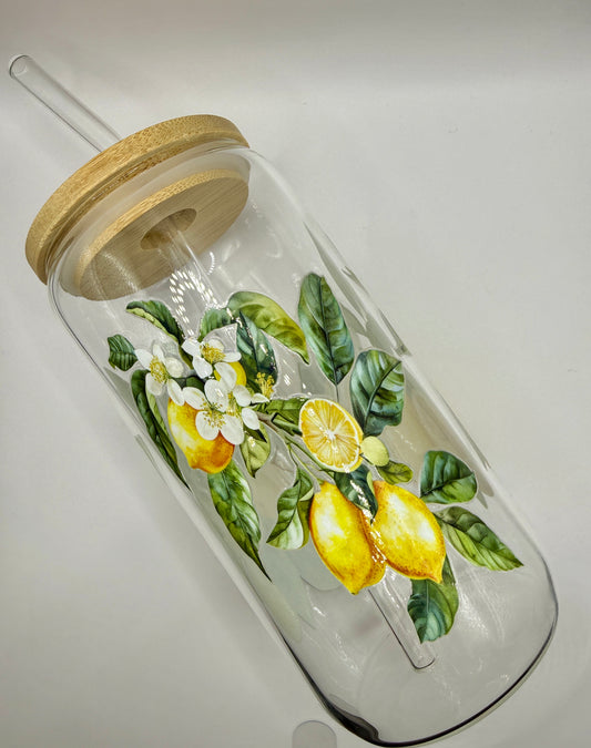 Glasbecher Zitrone Bambusdeckel Glasstrohhalm 470ml | useful Beauty