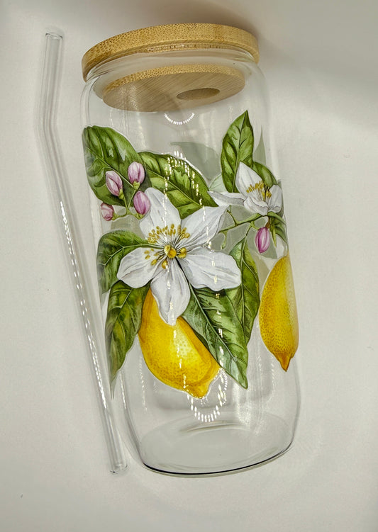 Glasbecher Zitrone Bambusdeckel Glasstrohhalm 470ml | useful Beauty
