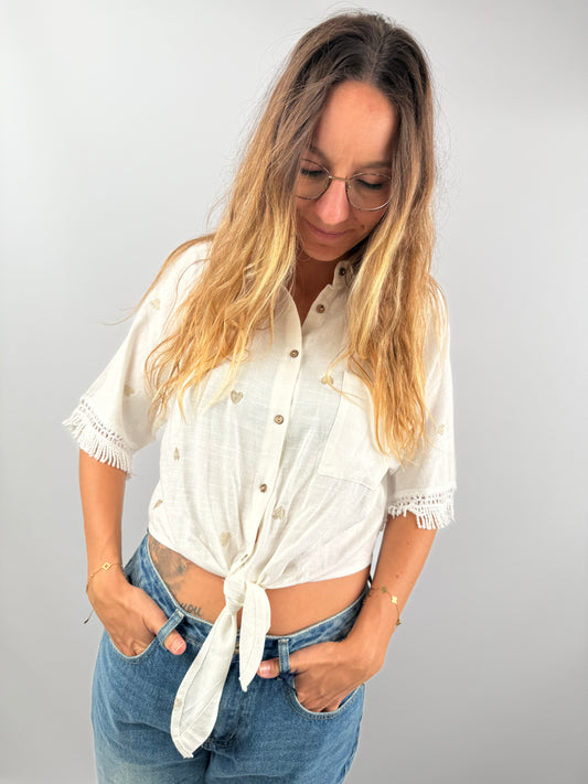 Kurzarm Bluse offwhite goldnene Herzen Knoten Spitze | useful Beauty