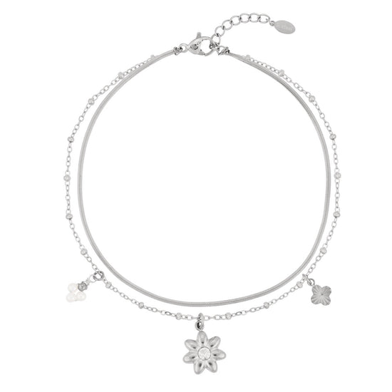 Edelstahl Fußkettchen silber mit Blüten- und Perlenanhängern