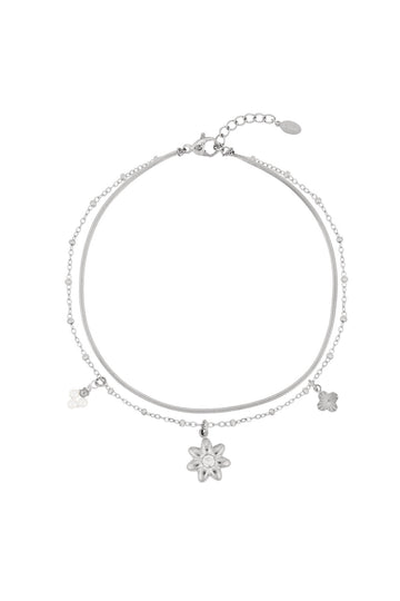 Edelstahl Fußkettchen silber mit Blüten- und Perlenanhängern