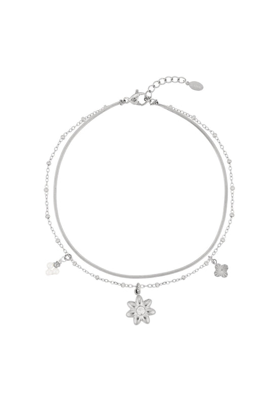 Edelstahl Fußkettchen silber mit Blüten- und Perlenanhängern