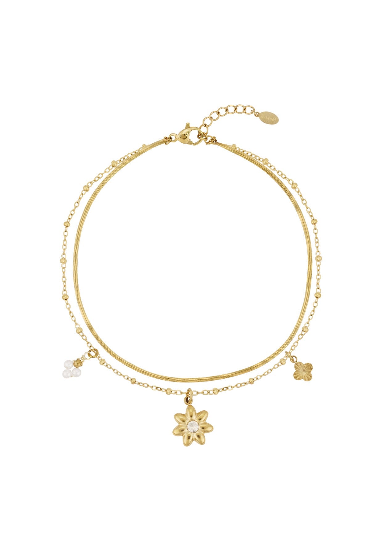 Edelstahl Fußkettchen gold, doppelreihig, mit Blumenanhänger