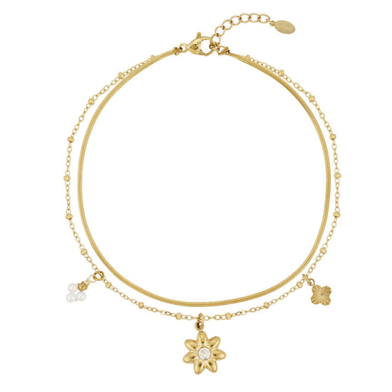 Edelstahl Fußkettchen gold, doppelreihig, mit Blumenanhänger