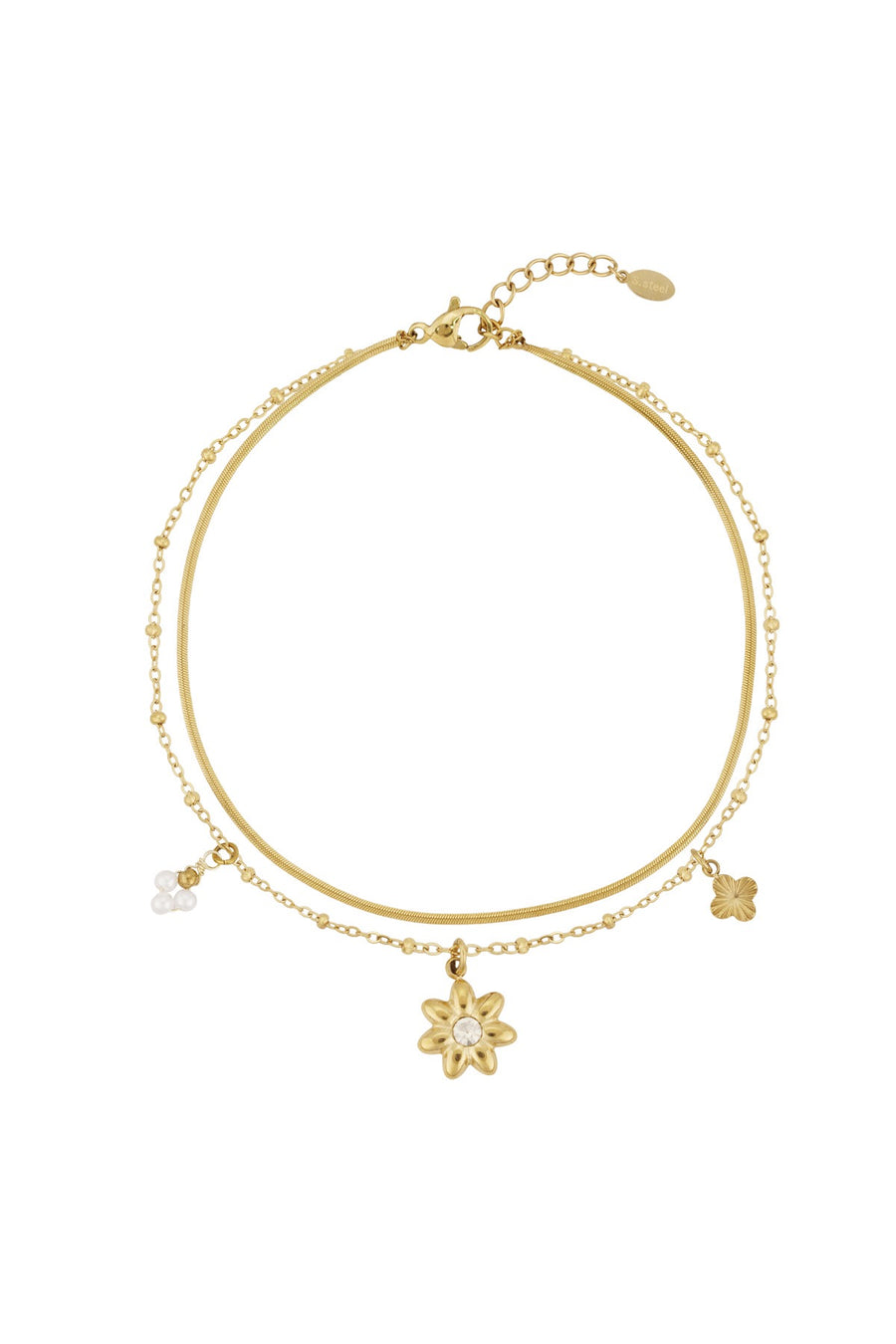 Edelstahl Fußkettchen gold, doppelreihig, mit Blumenanhänger
