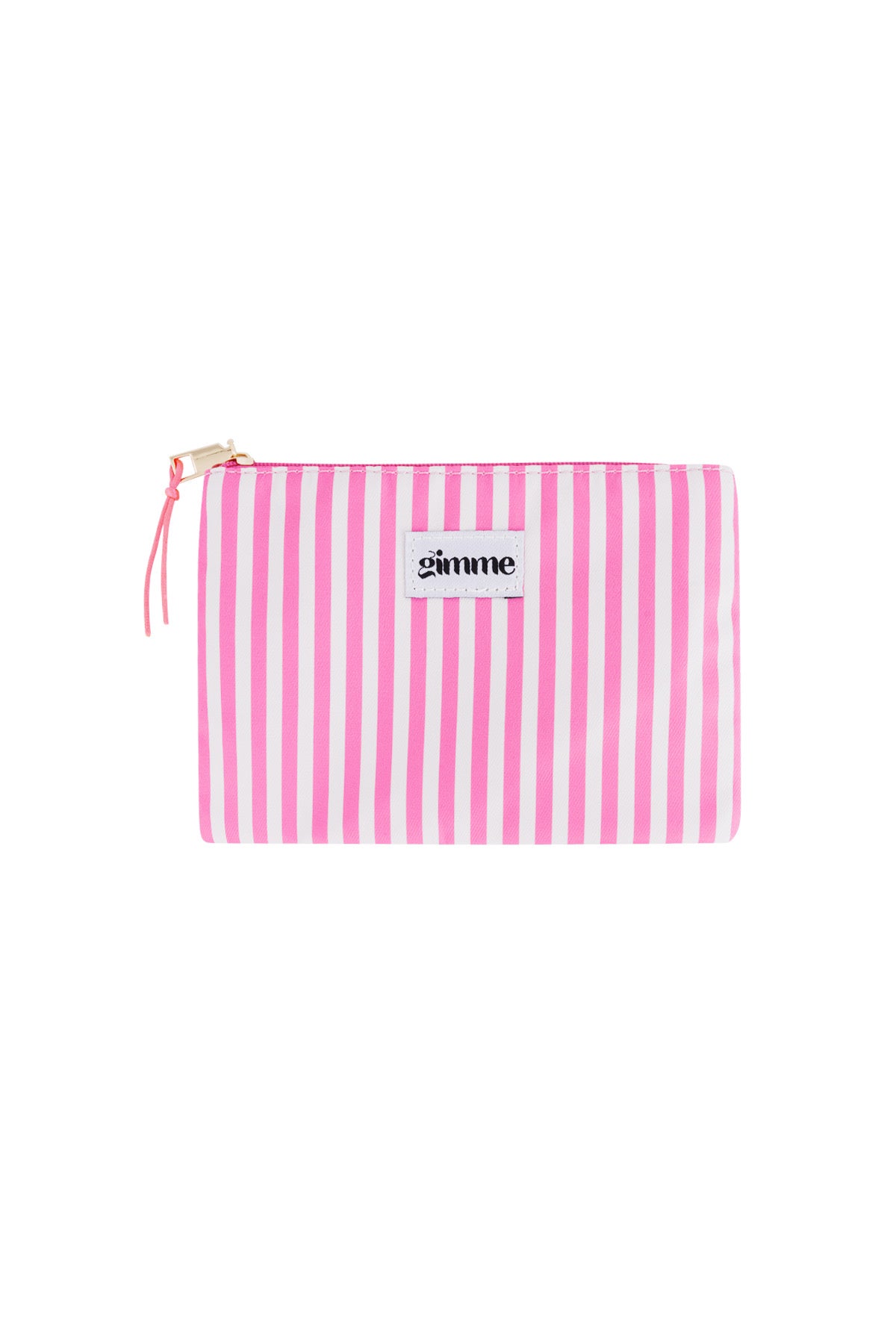 Pink weiß gestreifte flache Kosmetiktasche mit pinkem Wimpel am Reisverschluss.