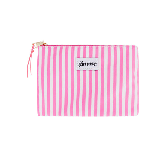 Pink weiß gestreifte flache Kosmetiktasche mit pinkem Wimpel am Reisverschluss.