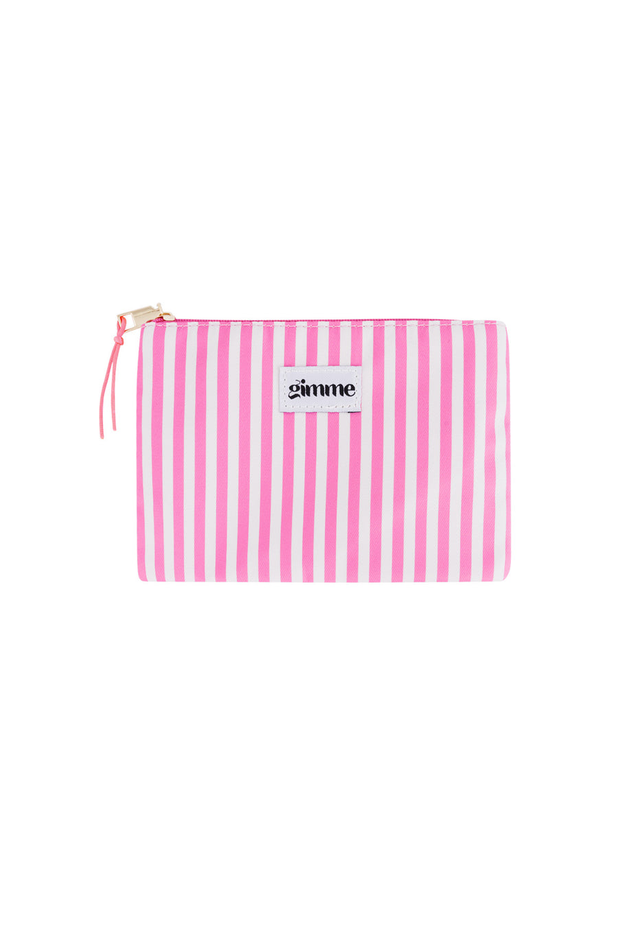 Pink weiß gestreifte flache Kosmetiktasche mit pinkem Wimpel am Reisverschluss.