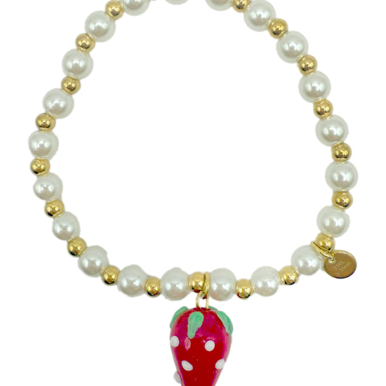 Kugelarmband. mit weißen und goldenen Perlen mit Erdbeeranhänger.