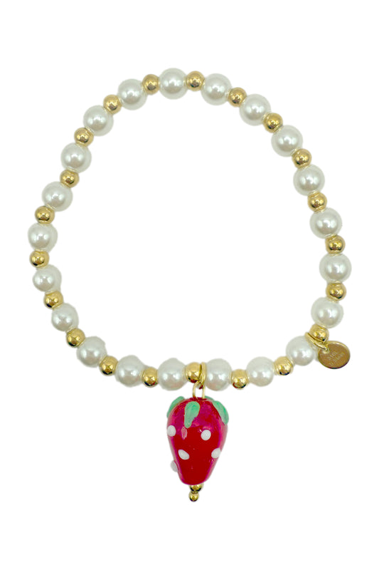 Kugelarmband. mit weißen und goldenen Perlen mit Erdbeeranhänger.